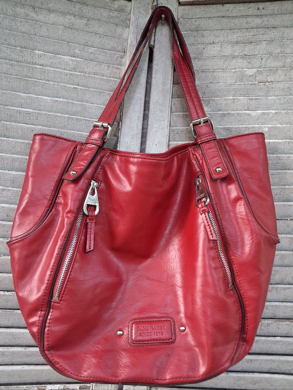 Nine West Red Faux Leather Tote Bag Dual Zip Pocket Shoulder Handbag